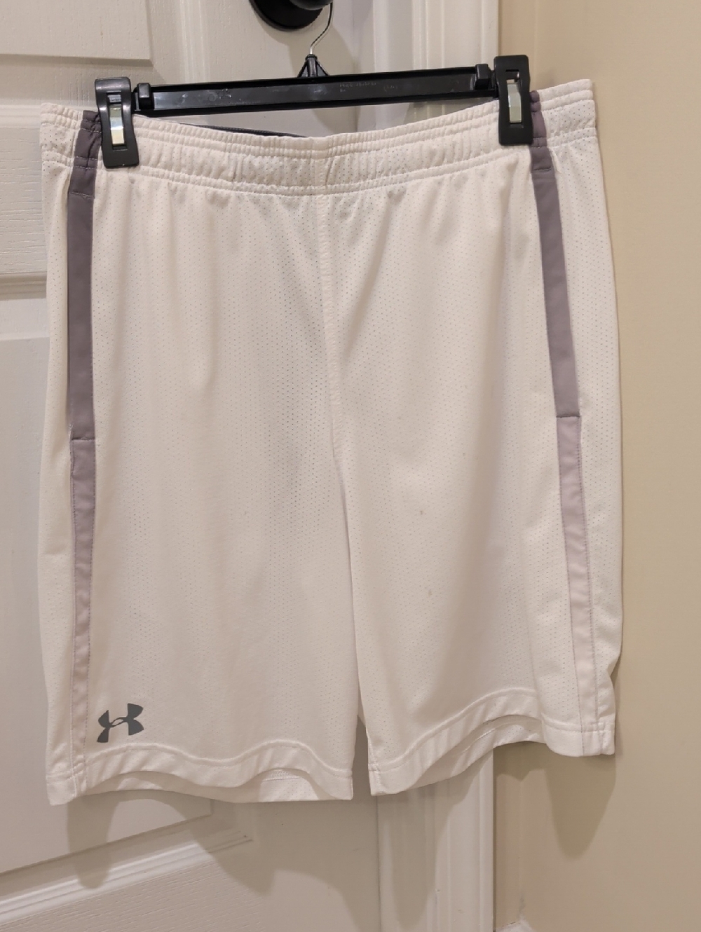 Under Armour White Mesh Athletic Shorts with Gray Side Stripes